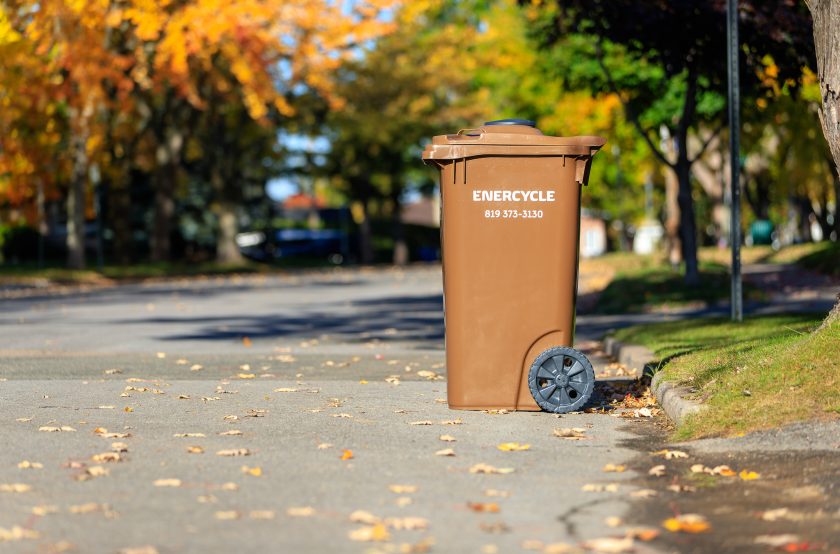 Bac brun sur le bord du chemin pour la collecte en automne