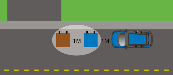 Image où on voit un bac brun, un bac bleu et une voiture écrit entre chaque : 1 mètre.